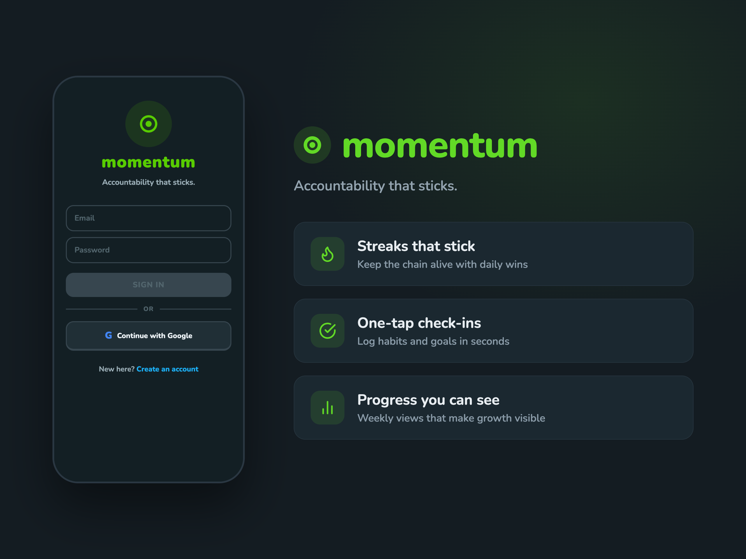 Momentum app on a phone with its key features highlighted